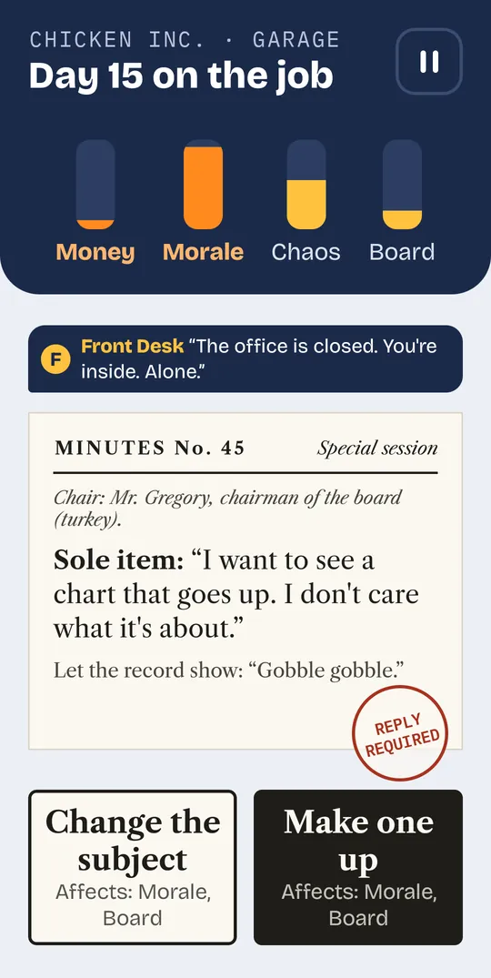 Board minutes card: Mr. Gregory wants a chart that goes up