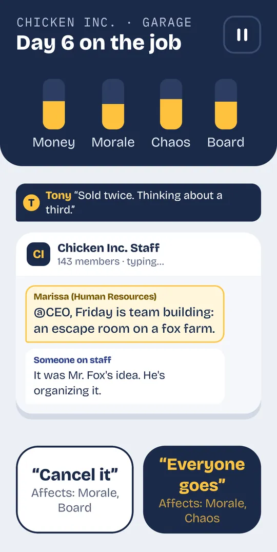 Group chat card: Marissa announces team building at a fox farm