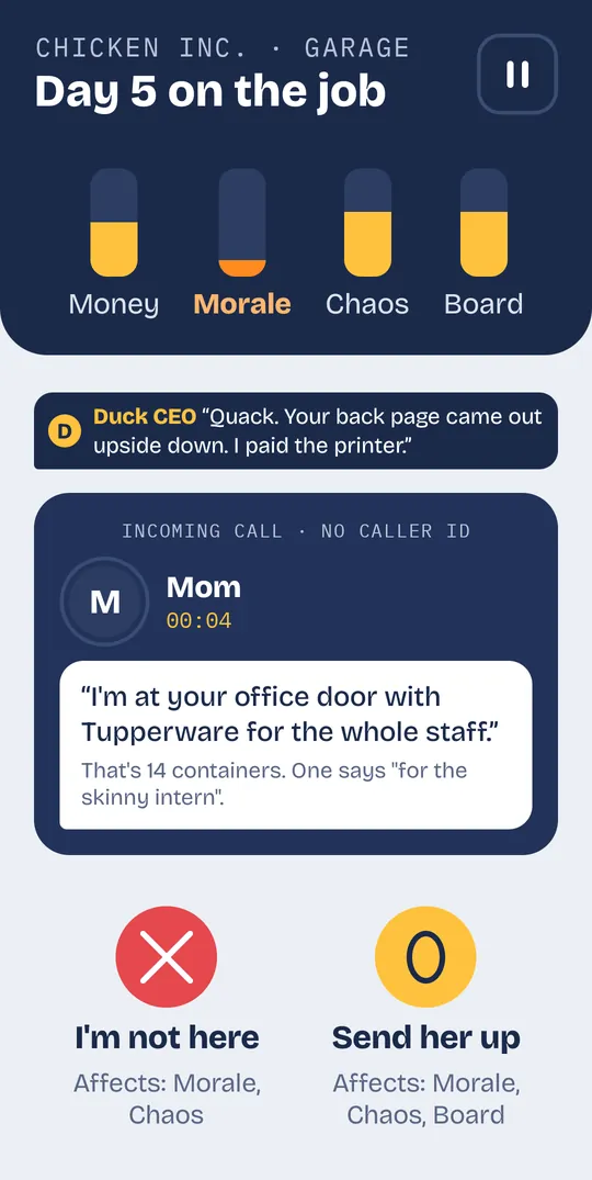 Phone call card: Mom is at the office door with Tupperware