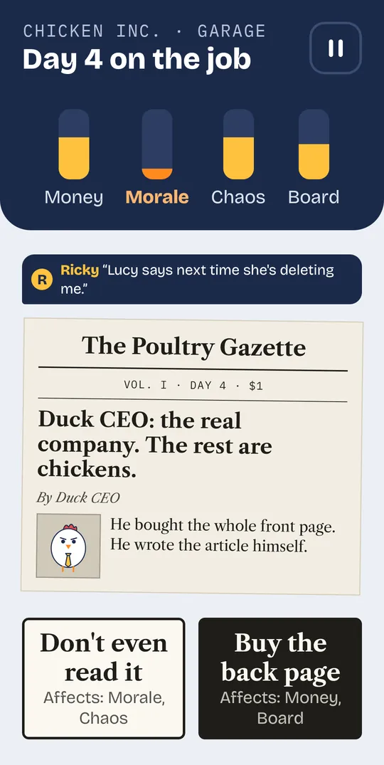 Front page card: Duck CEO buys the whole Poultry Gazette