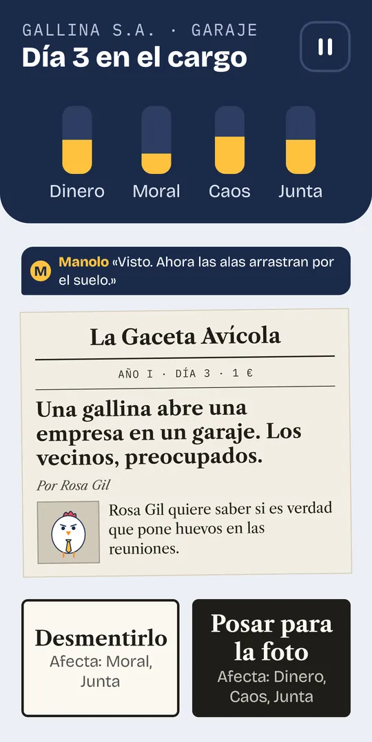 Carta en formato portada de periódico: una gallina abre una empresa en un garaje